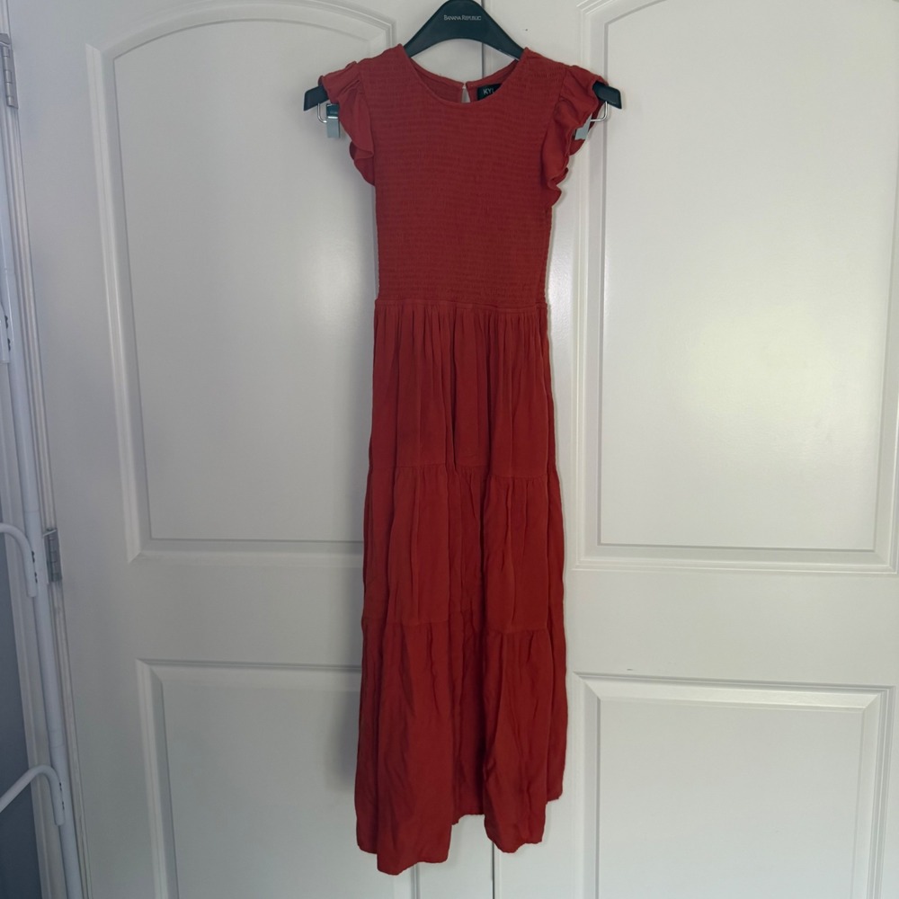 KYL Women Rust Orange Smocked Tiered Midi Dress Flutter Sleeve Medium